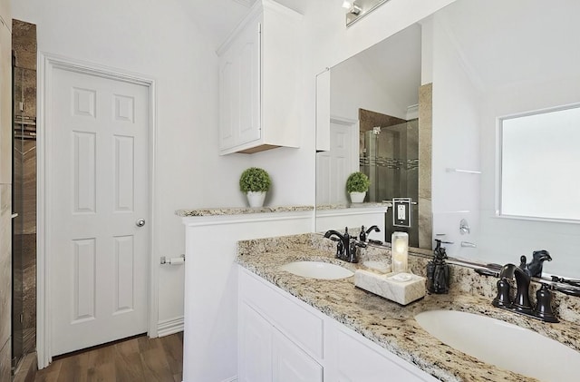 bathroom with vanity, hardwood / wood-style floors, and a shower with shower door