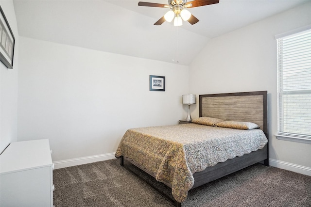 carpeted bedroom featuring ceiling fan and lofted ceiling