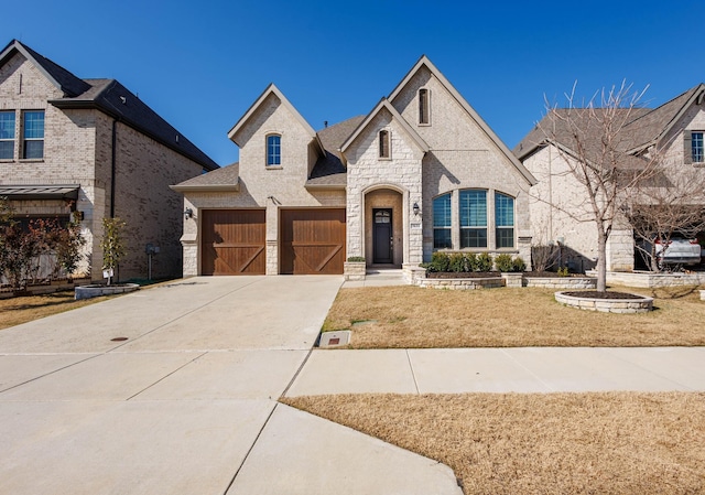 french country style house featuring a garage and a front lawn