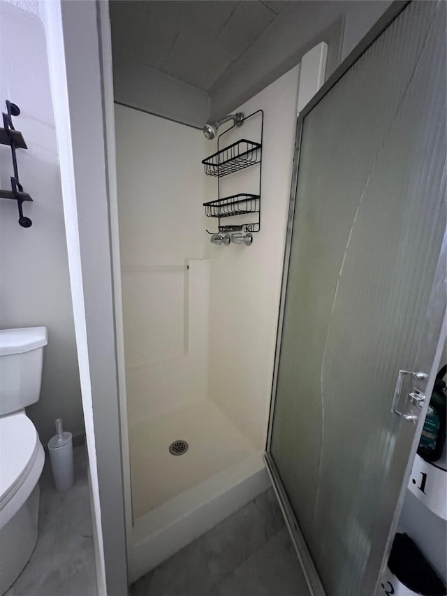 bathroom featuring toilet and a stall shower