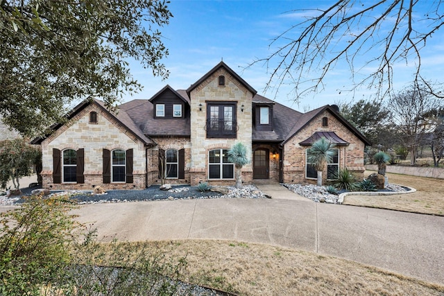 french country home with a balcony and a shingled roof