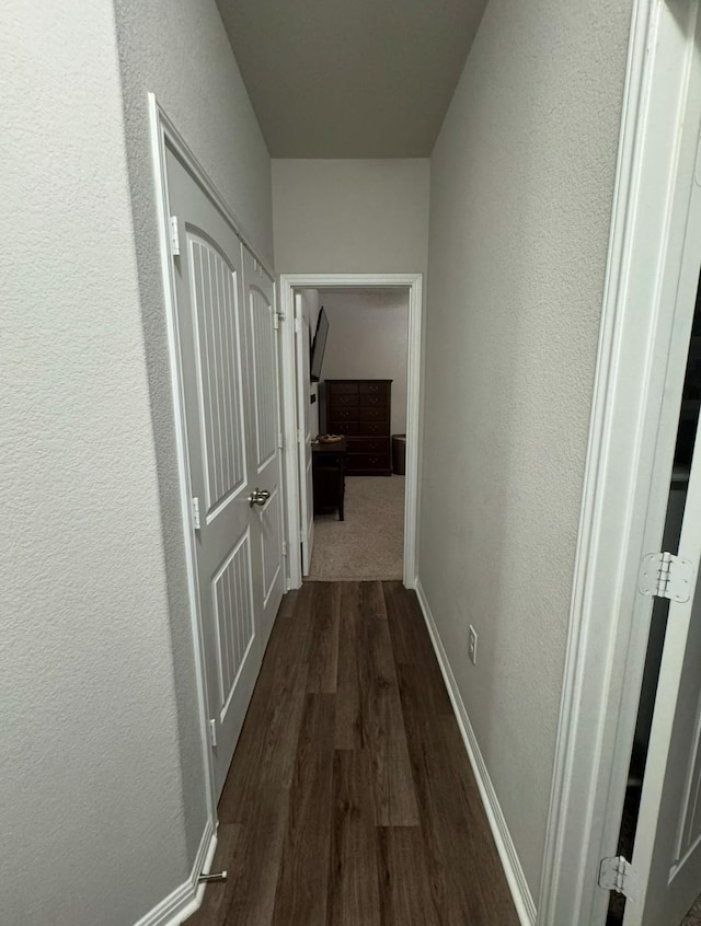 hallway with dark hardwood / wood-style flooring