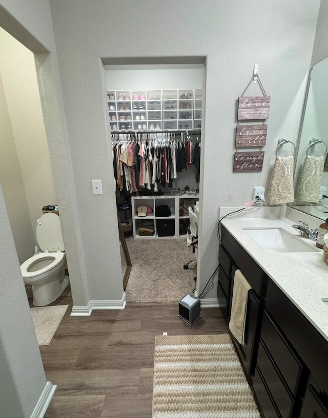 bathroom with vanity, wood-type flooring, and toilet