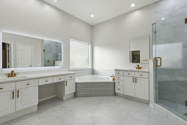 bathroom featuring vanity and plus walk in shower