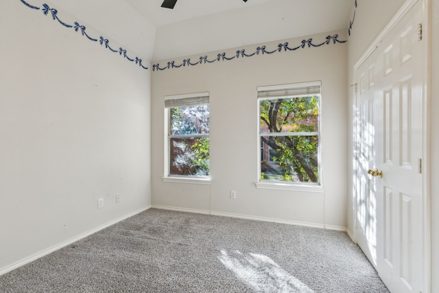 spare room featuring ceiling fan and carpet flooring