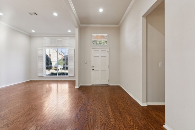 entryway featuring crown molding and dark hardwood / wood-style flooring