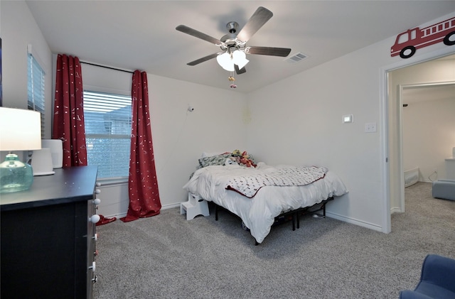 bedroom featuring carpet flooring and ceiling fan