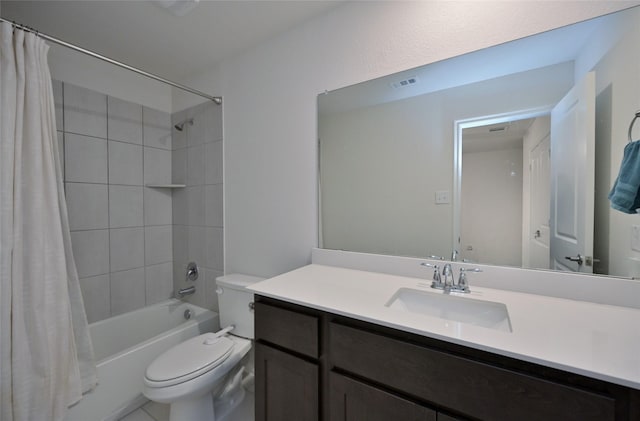 full bathroom with shower / tub combo, vanity, and toilet