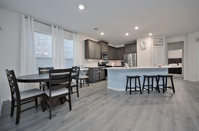 kitchen featuring appliances with stainless steel finishes, an island with sink, a kitchen bar, decorative backsplash, and light hardwood / wood-style floors