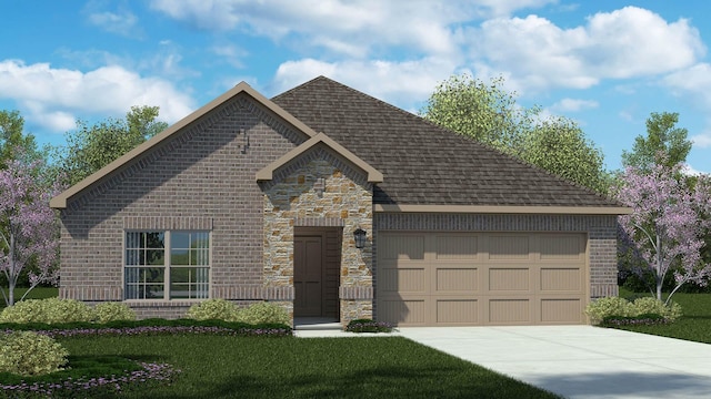 view of front of house with a garage and a front lawn