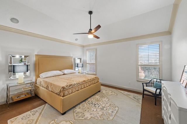 bedroom with multiple windows, ornamental molding, ceiling fan, and lofted ceiling