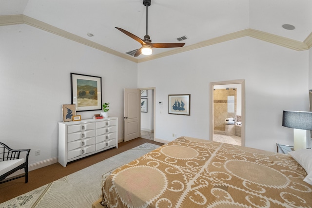 bedroom with connected bathroom, crown molding, vaulted ceiling, and carpet