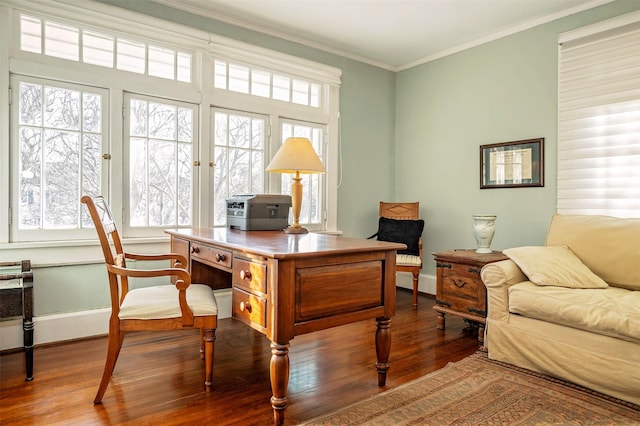 office space with dark hardwood / wood-style flooring and crown molding