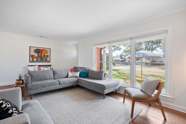 living room with crown molding and hardwood / wood-style floors