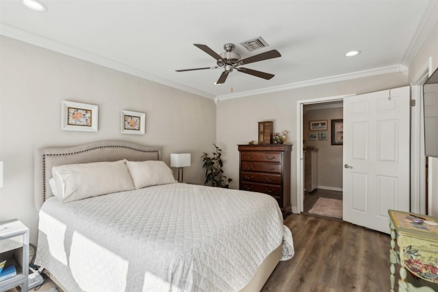 bedroom with dark hardwood / wood-style flooring, ornamental molding, and ceiling fan