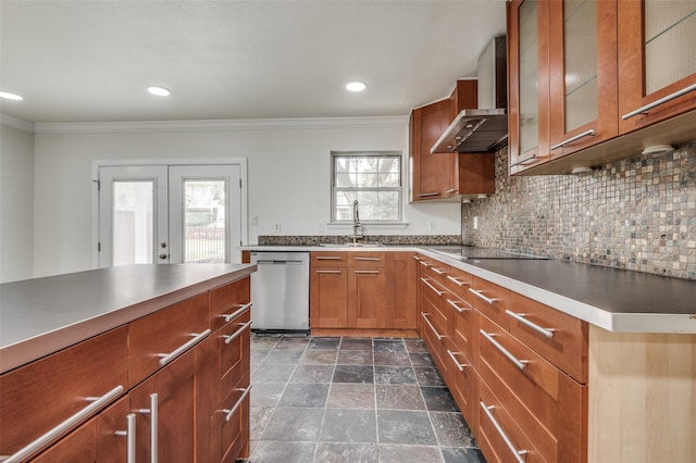 kitchen with sink, crown molding, black electric cooktop, stainless steel dishwasher, and decorative backsplash