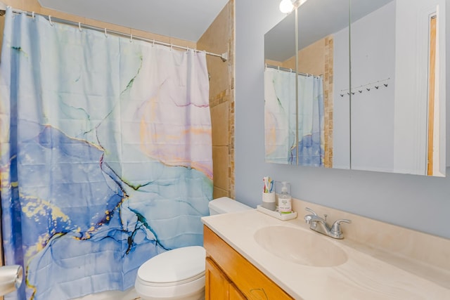 full bath featuring curtained shower, vanity, and toilet