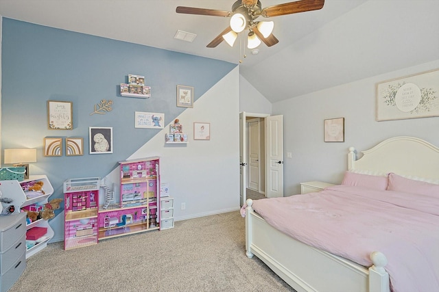 bedroom with ceiling fan, lofted ceiling, and carpet floors