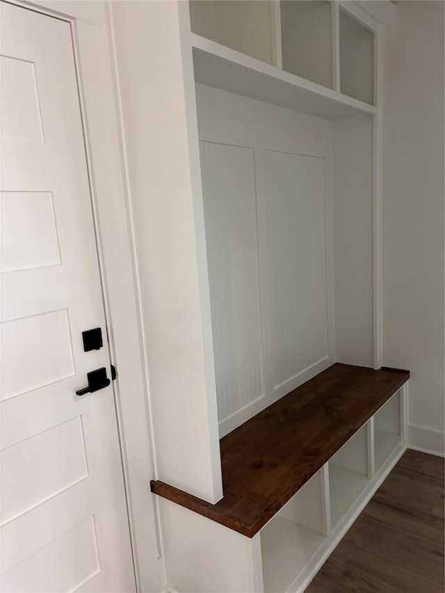 mudroom featuring dark wood-type flooring