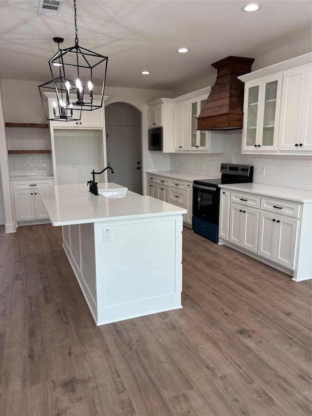 kitchen with range with electric cooktop, premium range hood, sink, white cabinets, and a kitchen island with sink