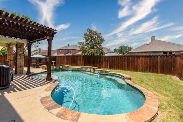 view of pool featuring cooling unit, a fenced backyard, a pergola, and a patio area