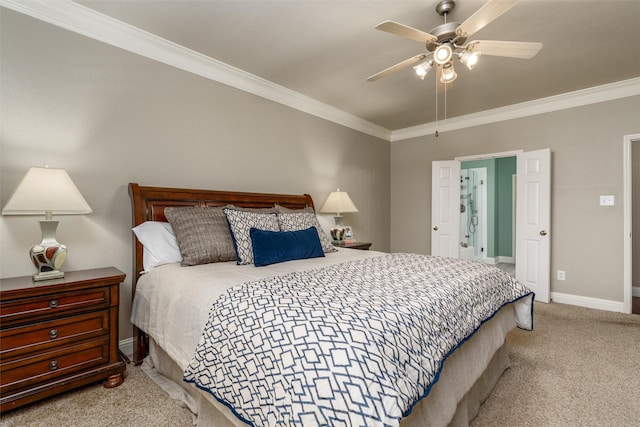 carpeted bedroom featuring crown molding and ceiling fan