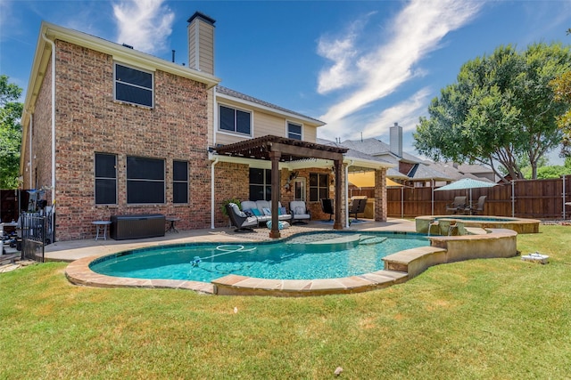 view of swimming pool with a pool with connected hot tub, a yard, a fenced backyard, a patio area, and a pergola