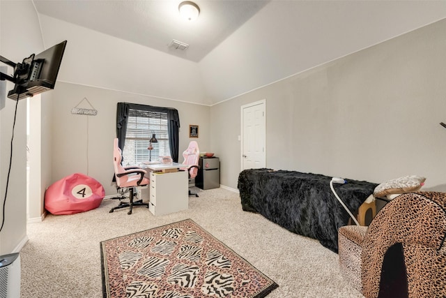 carpeted living room with lofted ceiling