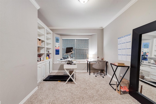 home office with crown molding, light colored carpet, and built in shelves