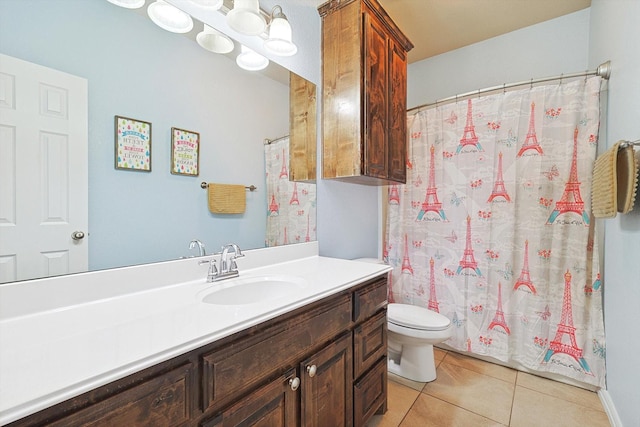 full bath featuring toilet, curtained shower, vanity, and tile patterned floors