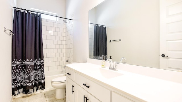 full bathroom with shower / tub combo, vanity, tile patterned floors, and toilet