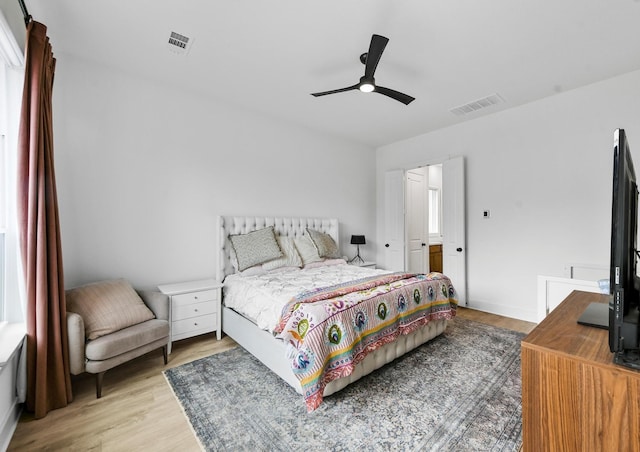 bedroom featuring ceiling fan and light wood-type flooring