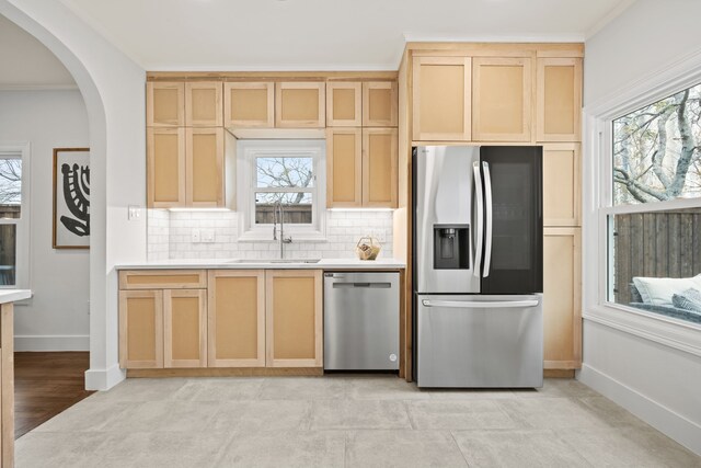 kitchen featuring light brown cabinets, a healthy amount of sunlight, stainless steel appliances, and a sink