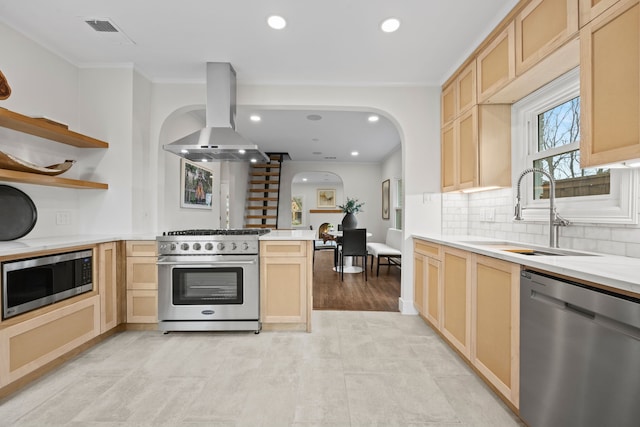 kitchen with light brown cabinetry, island exhaust hood, a sink, and appliances with stainless steel finishes