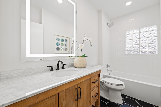 bathroom featuring tile patterned floors, toilet, shower / bathing tub combination, recessed lighting, and vanity