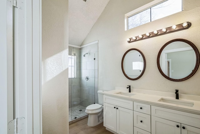 bathroom with walk in shower, wood-type flooring, toilet, and a textured ceiling