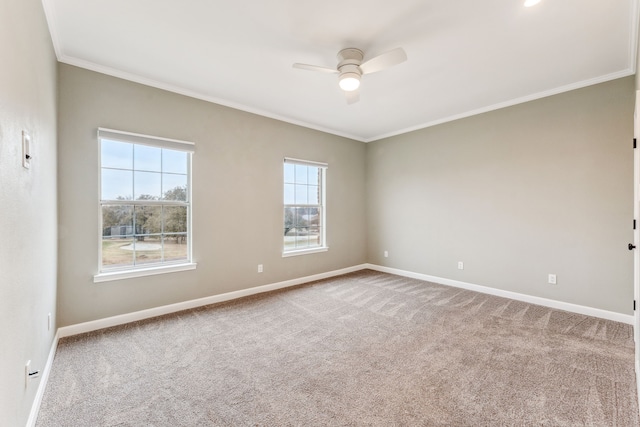 empty room with ornamental molding, carpet, and ceiling fan