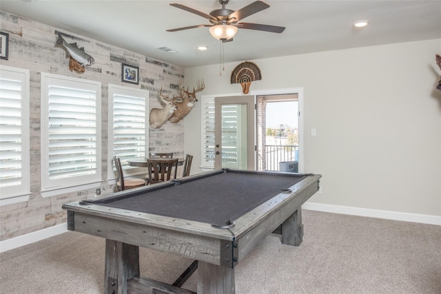 rec room with pool table, ceiling fan, and carpet flooring