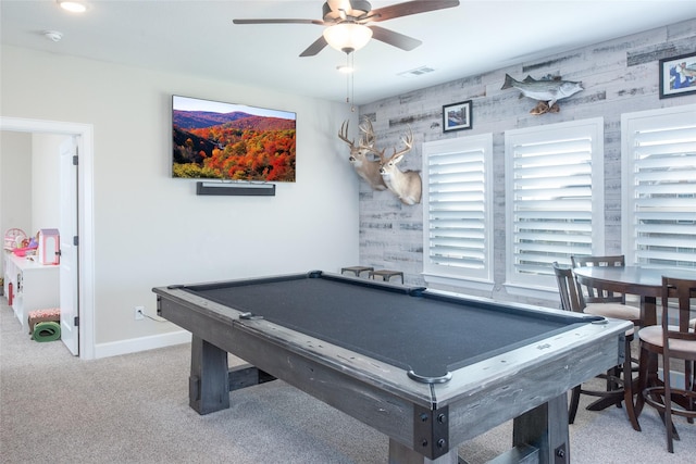 playroom with light carpet, ceiling fan, and billiards