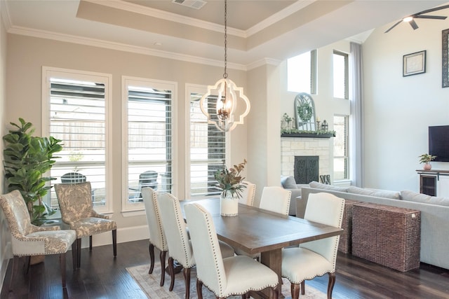 dining room featuring a stone fireplace, a wealth of natural light, dark hardwood / wood-style flooring, and a tray ceiling