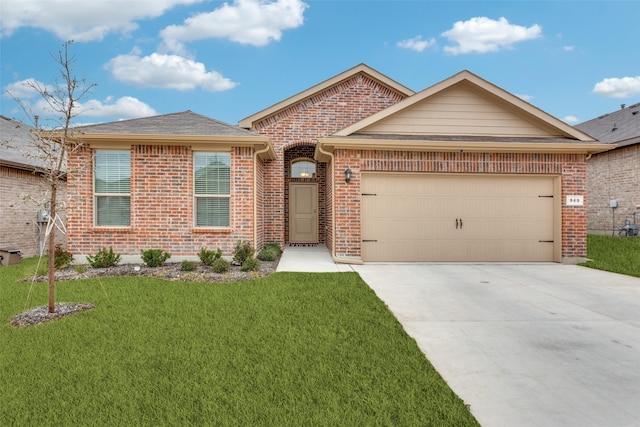 ranch-style home with a garage and a front lawn