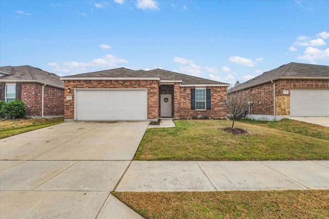 ranch-style home featuring a garage and a front yard