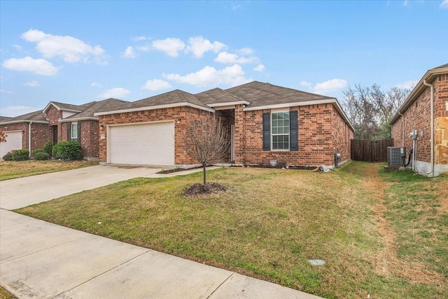 ranch-style house with cooling unit, a garage, and a front lawn