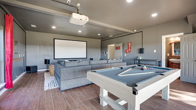 playroom featuring recessed lighting, pool table, wood finish floors, and a sink