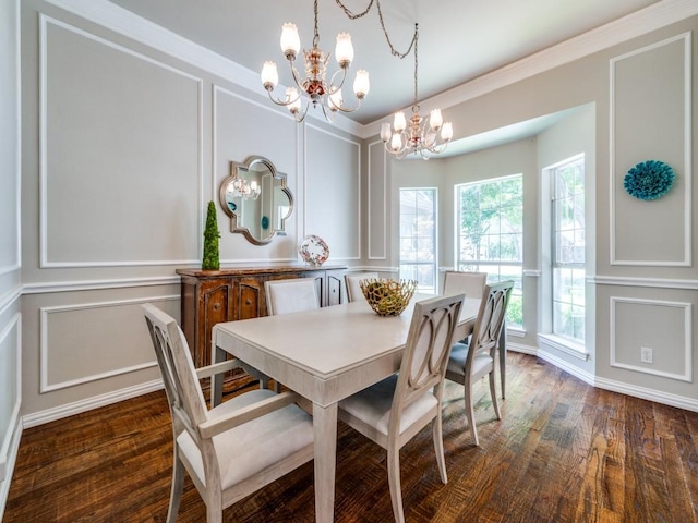 199 Pecan Crossing Ct, Gunter, TX 75058 - dining room with a decorative wall, a chandelier, dark wood-style flooring, and ornamental molding