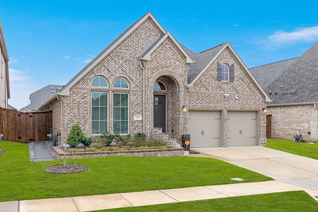 view of front of property with a garage and a front lawn