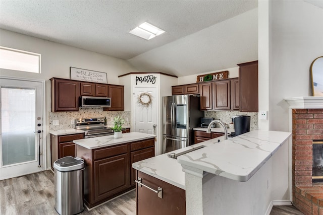 3956 Silver Springs Dr, Fort Worth, TX 76123 - kitchen featuring stainless steel appliances, vaulted ceiling, a sink, light wood-style floors, and a brick fireplace