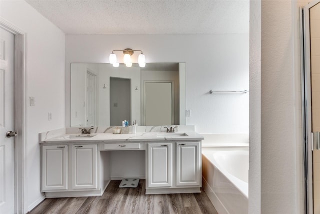 3956 Silver Springs Dr, Fort Worth, TX 76123 - full bath with wood finished floors, a garden tub, double vanity, and a textured ceiling