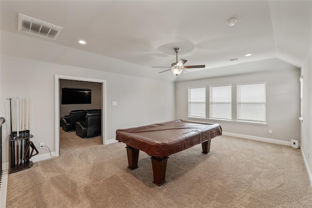 recreation room with ceiling fan, lofted ceiling, light colored carpet, and pool table