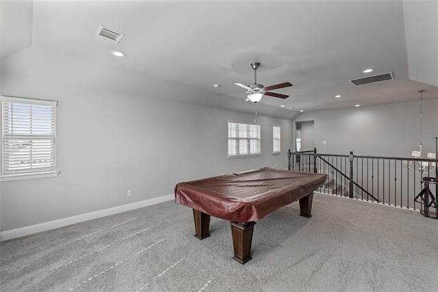 rec room with vaulted ceiling, light colored carpet, ceiling fan, and billiards